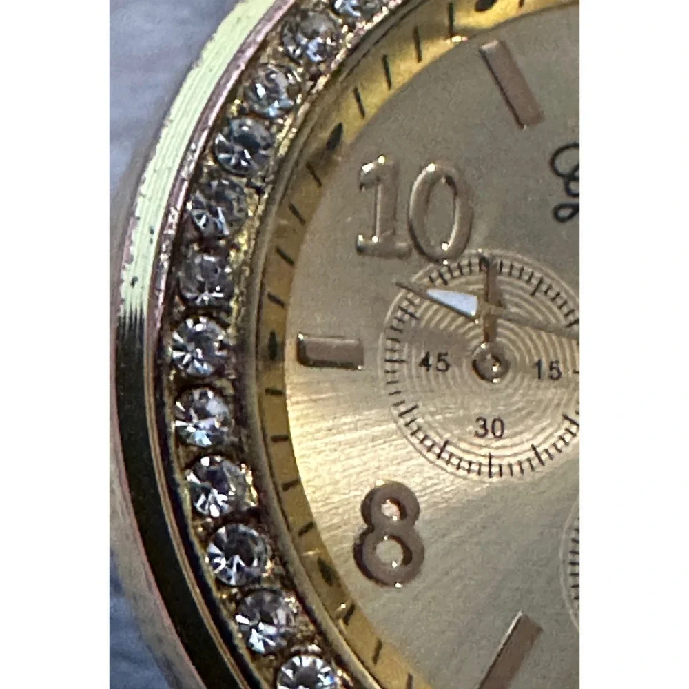 Geneva Gold Tone Rhinestone Bezel Faux‎ Chrono Quartz Analog Women's Wrist Watch